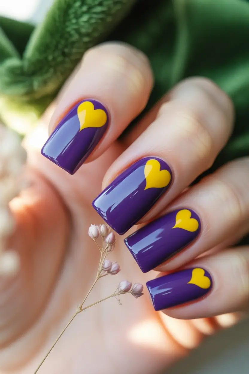 August nails color Purple & Yellow Heartbeats
