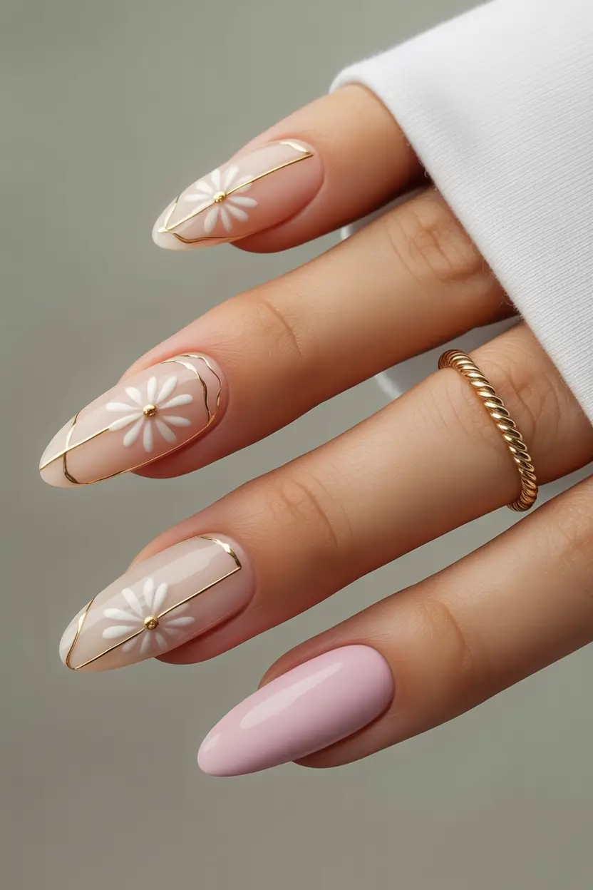 August nails color Daisy Petal Minimalism with a Gold Twist
