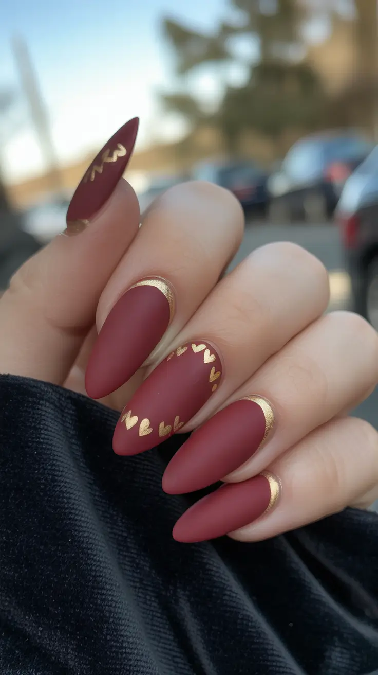August nails color Wine Red with Gold Heart Accents