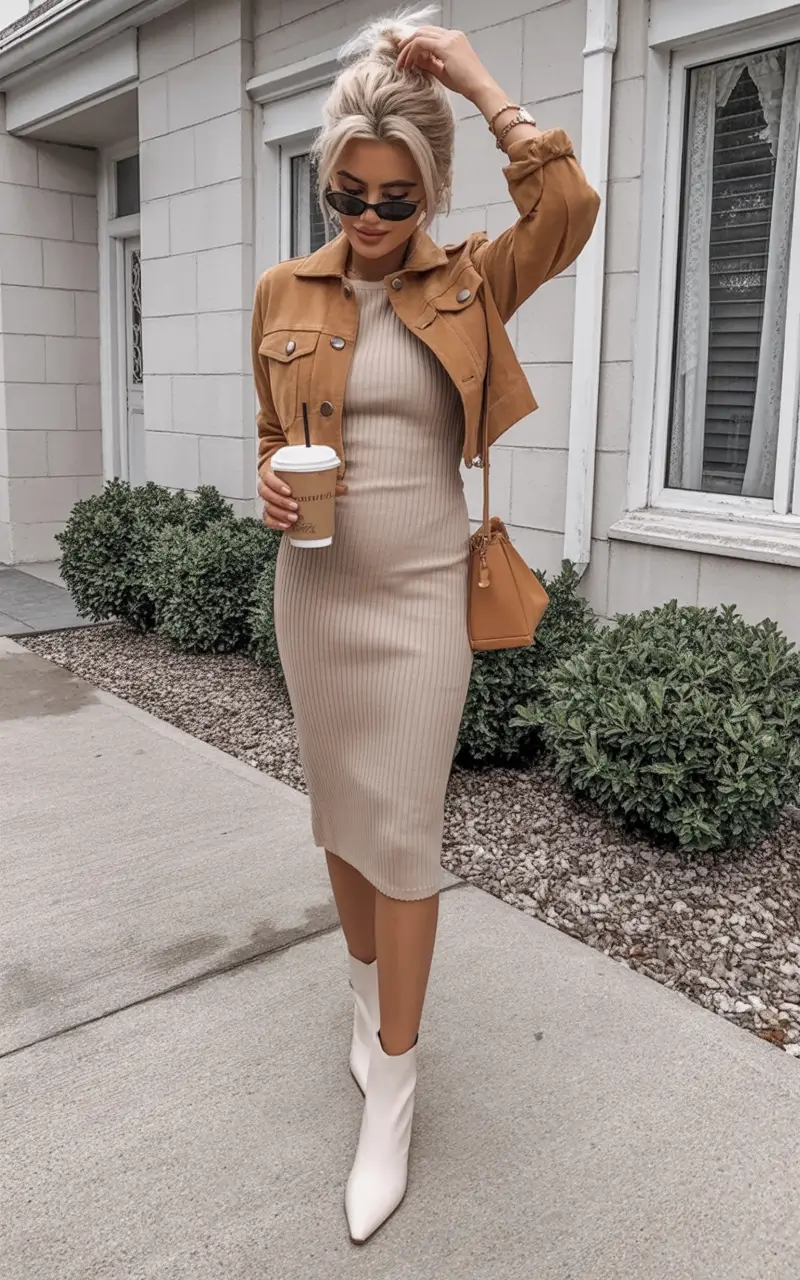 2025 Coffee Date Confidence: Ribbed Dress & Cropped Jacket Combo