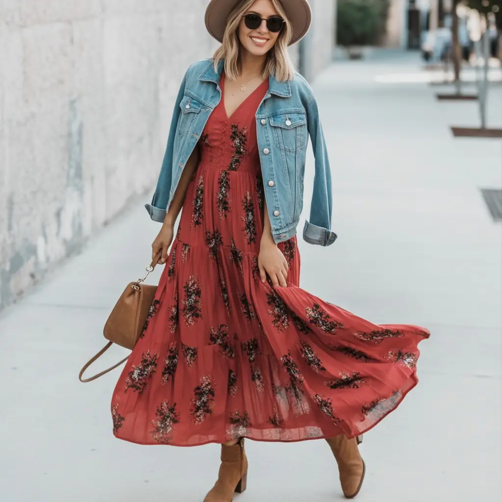 2025 Free-Spirited Fall: Floral Maxi Meets Denim Charm