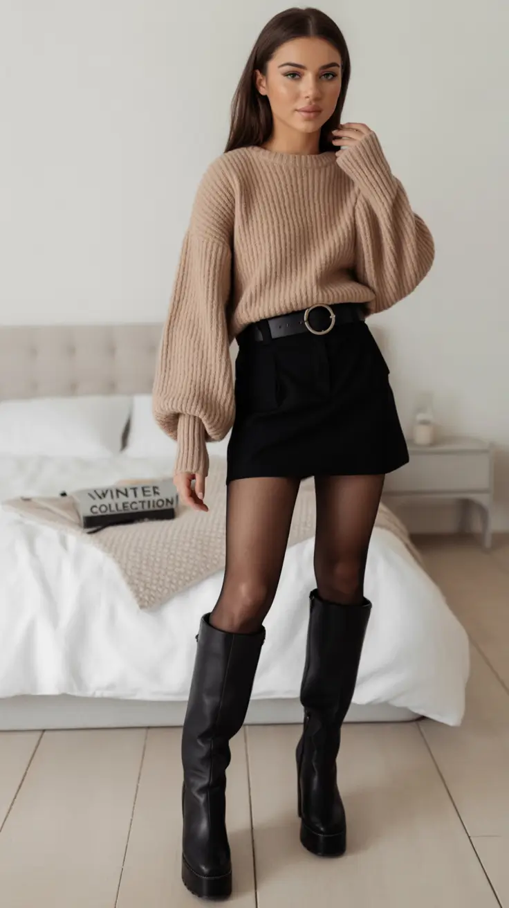 How to wear skirts this fall – 2025 outfits inspiration Chunky Knit + Mini Skirt = Cozy Edge