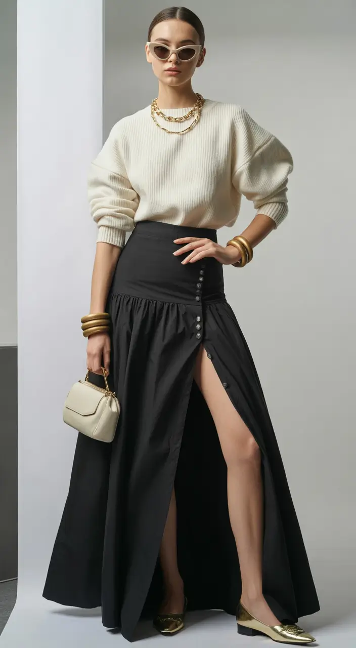 How to wear skirts this fall – 2025 outfits inspiration Slouchy Knit Meets Drama Maxi