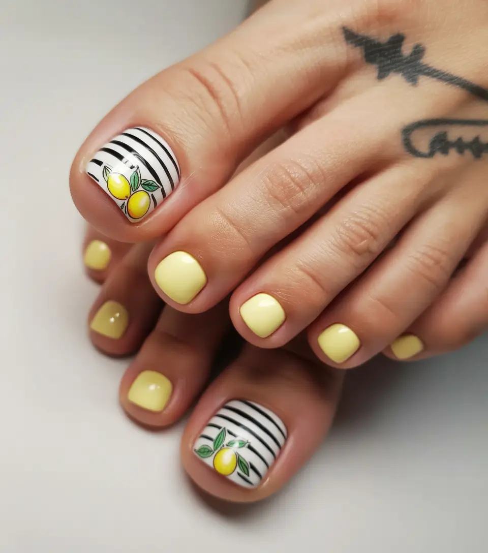 August toe nails Lemon Sorbet With Nautical Stripes