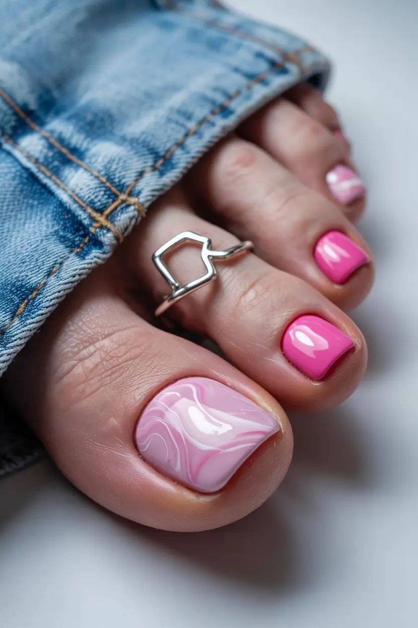 August toe nails Swirled Cotton Candy Pink