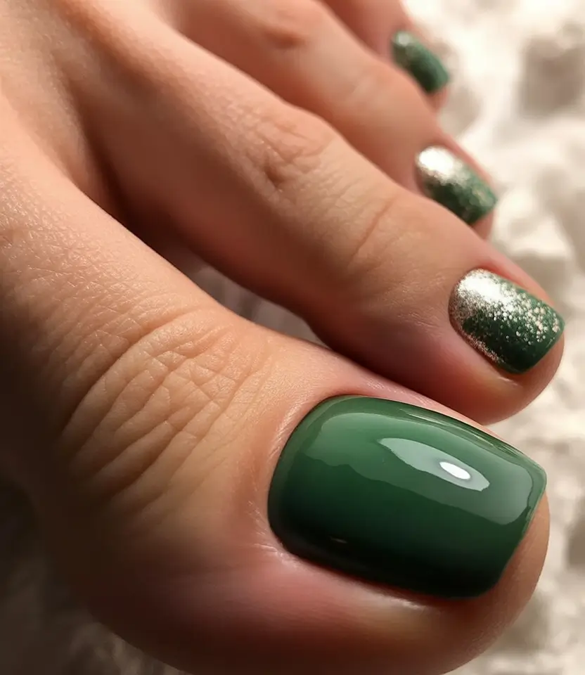 August toe nails Forest Green With a Dash of Stardust