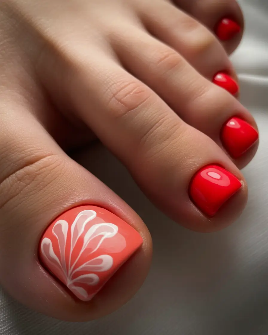 August toe nails Coral Flame With Petal Art