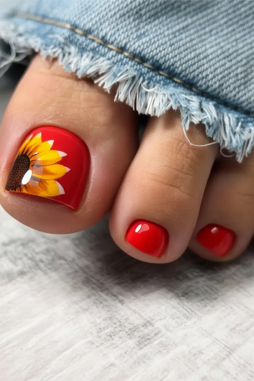 August toe nails Sunflower Red Revival