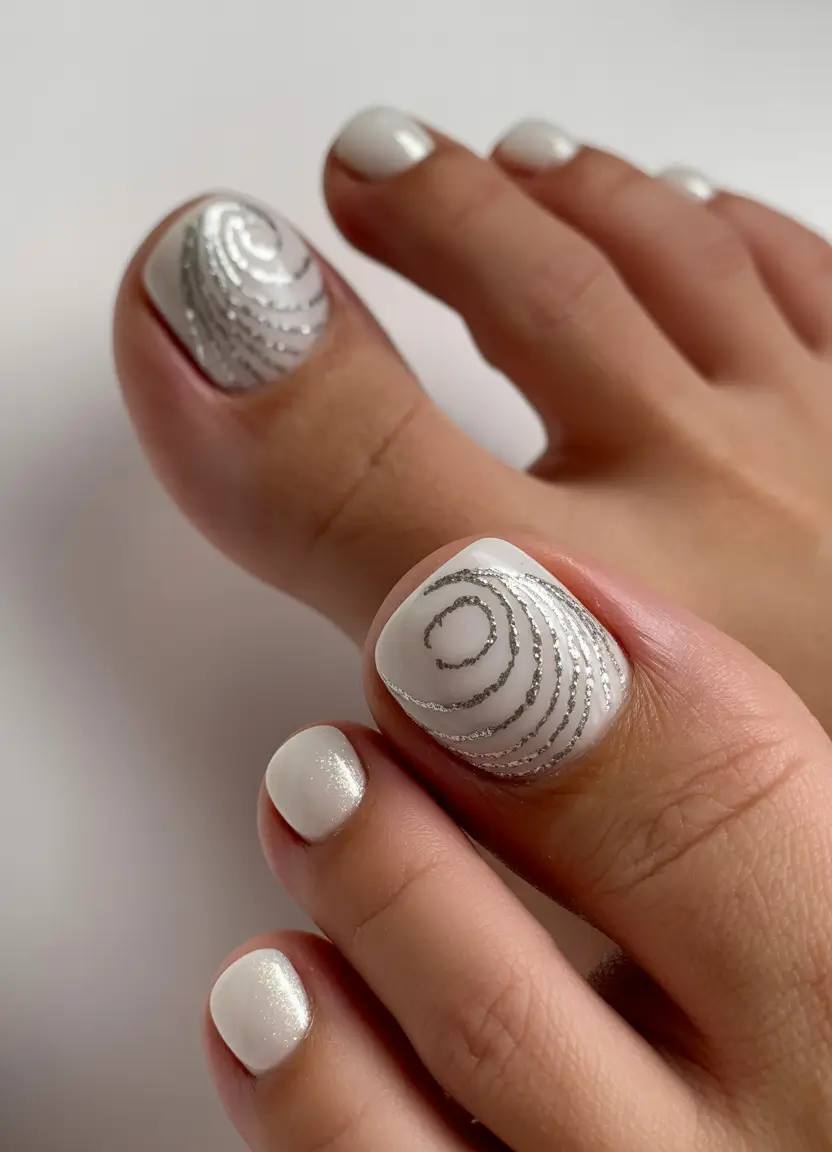 August toe nails Op Art Spirals in Frosted White