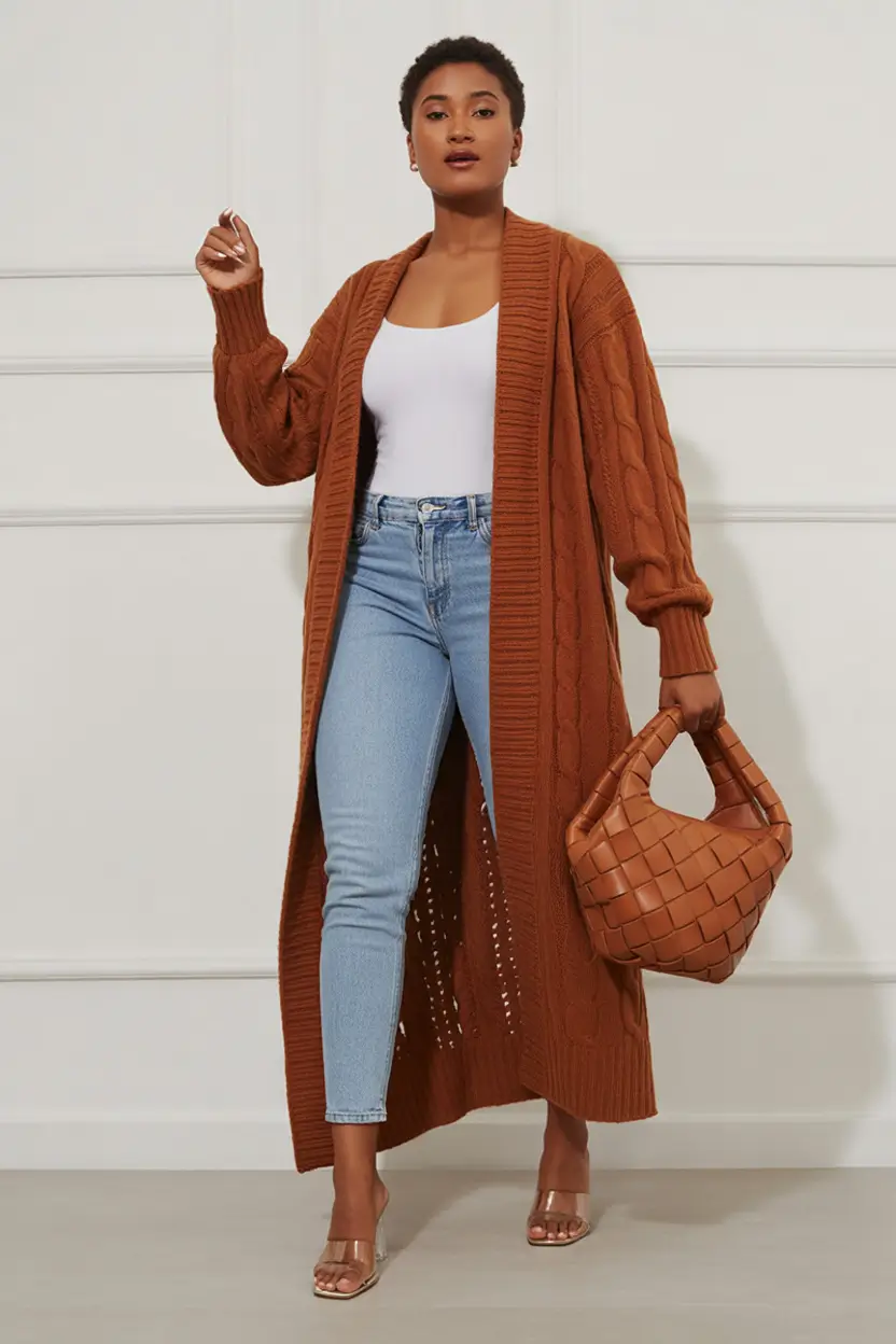 Transitional summer to fall outfits 2025 Rust Cardigan & Denim: Fall’s Coziest Power Couple