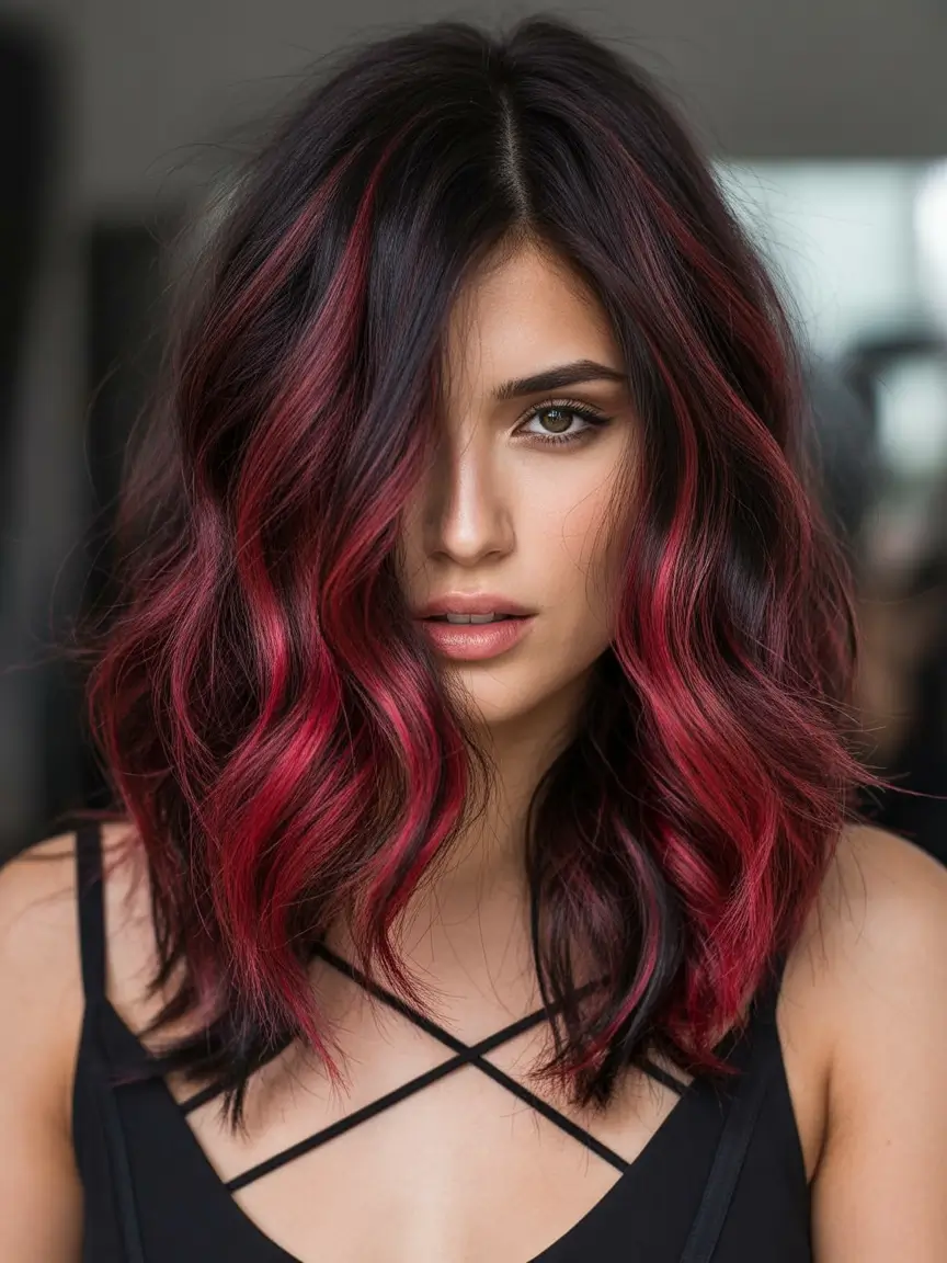 Fall hair color Berry-Chocolate Balayage with Loose Texture