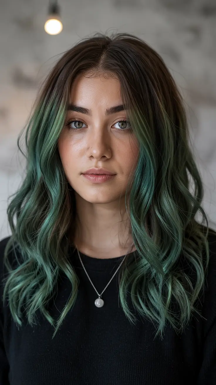 Fall hair color Cool Moss Green Ends with Root Fade