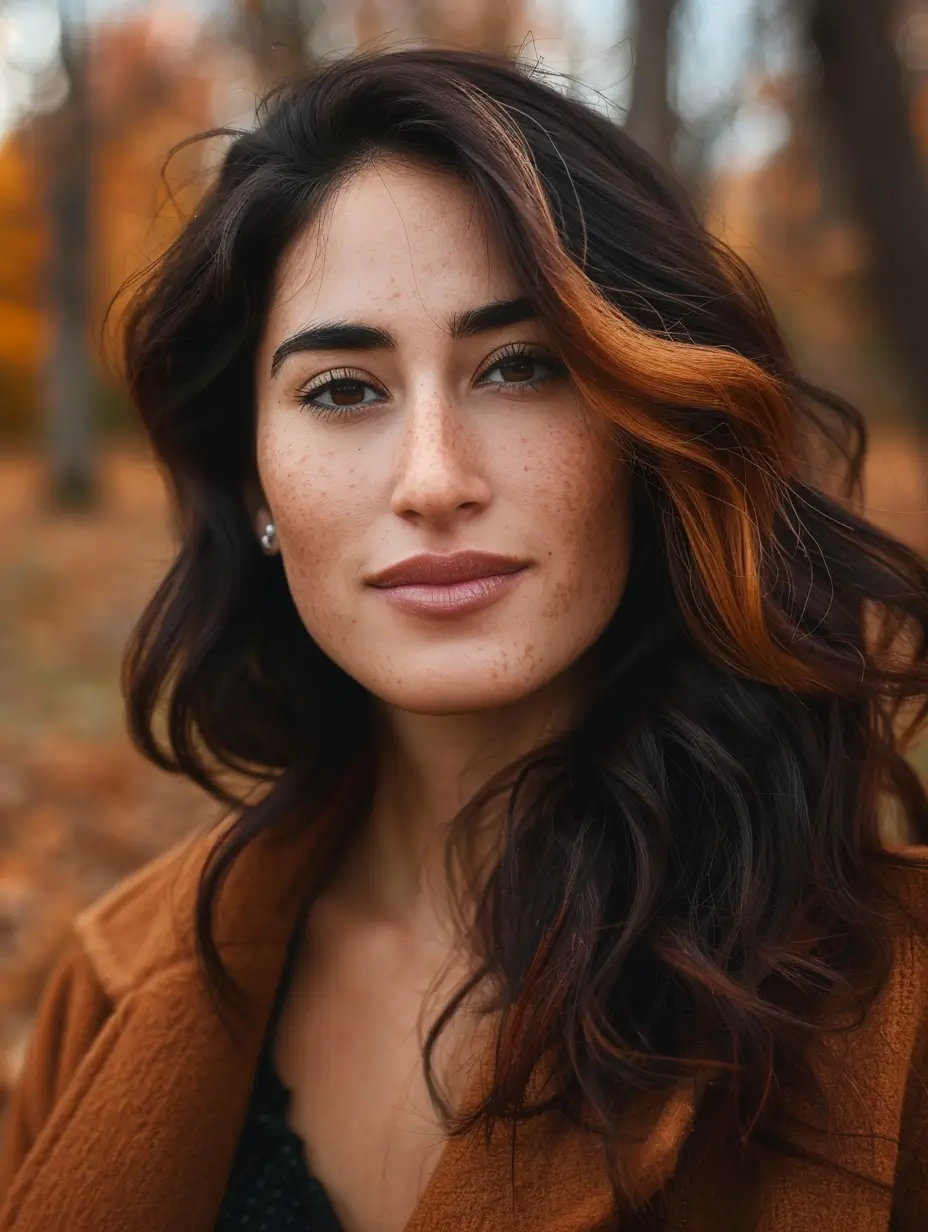 Fall hair color Deep Mocha with Auburn Ribbon Highlights