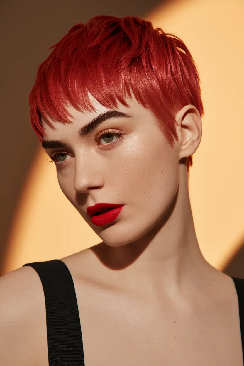 Fall hair color Candy Apple Red Pixie Cut