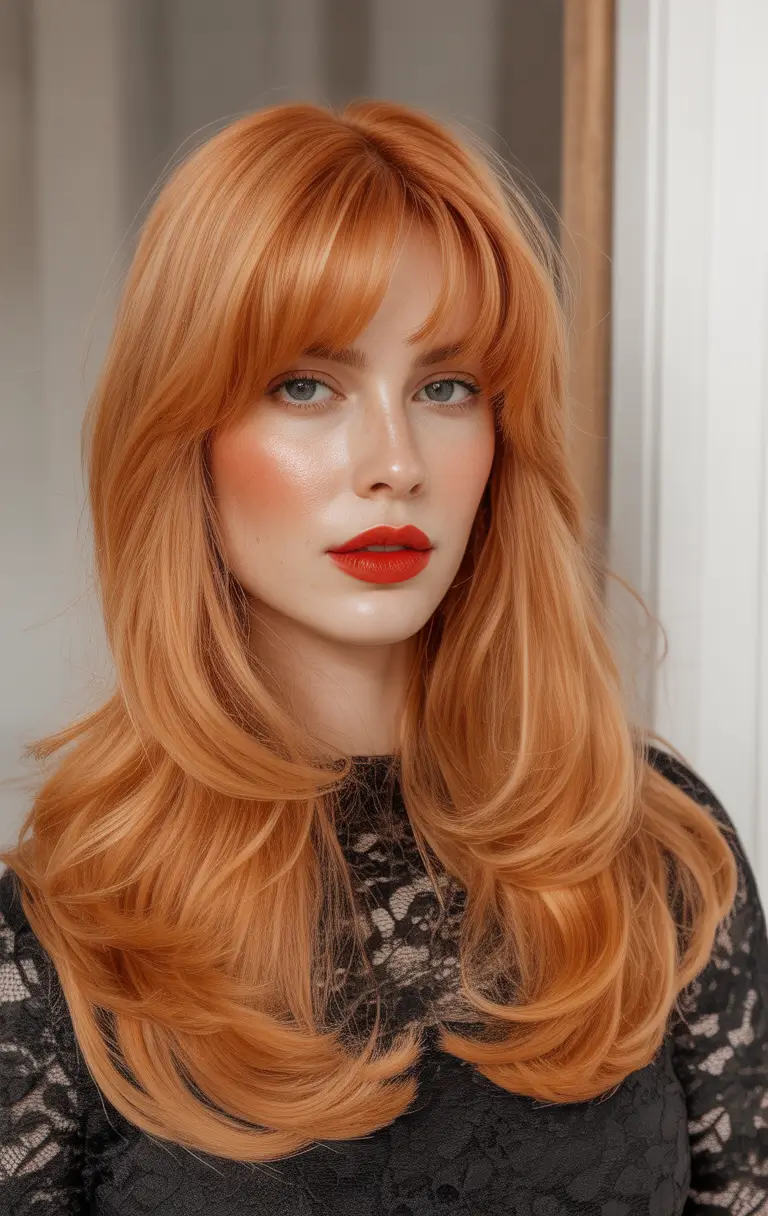 Fall hair color Copper Maple Layers with Curtain Bangs