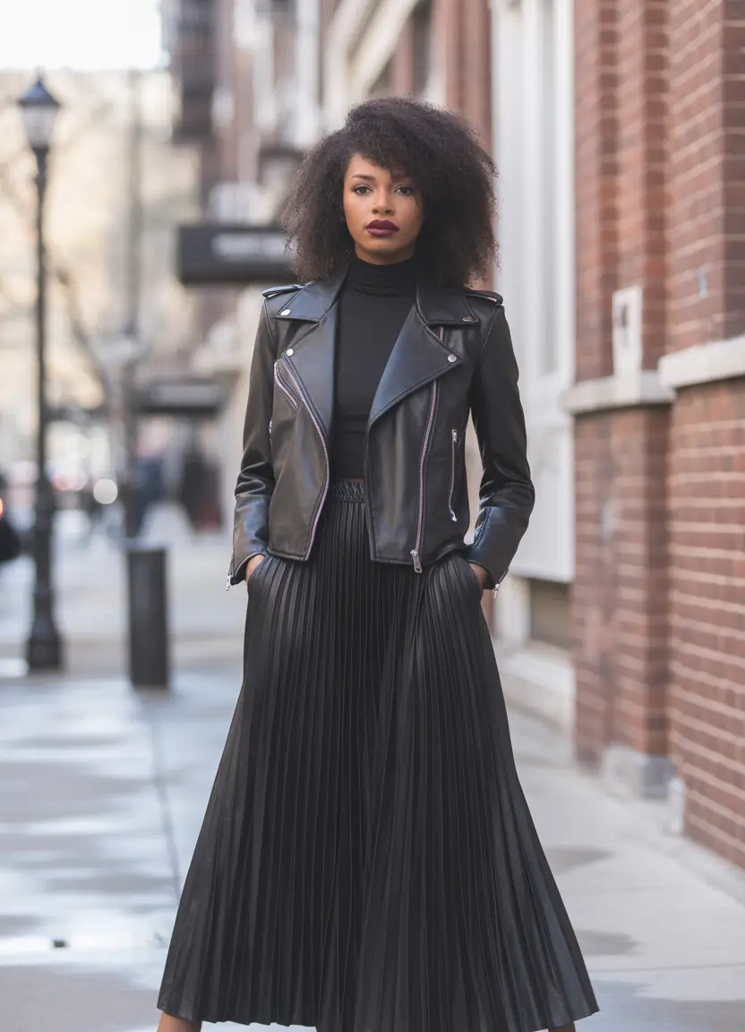Trendy Women’s Fall Fashion Looks to Try in 2025+Dark Pleats and Moto Cool