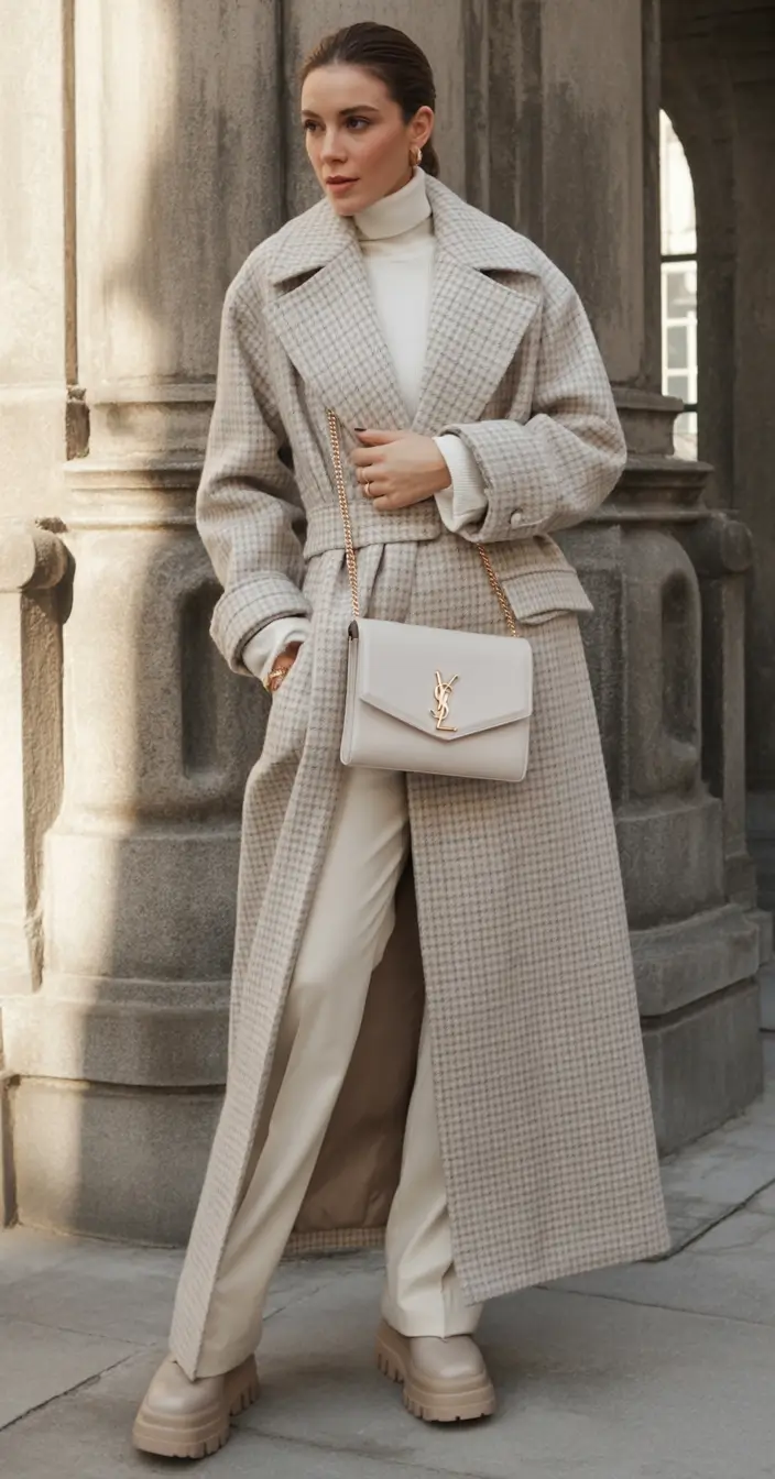 Trendy Women’s Fall Fashion Looks to Try in 2025+Checkmate Elegance in Neutral Layers
