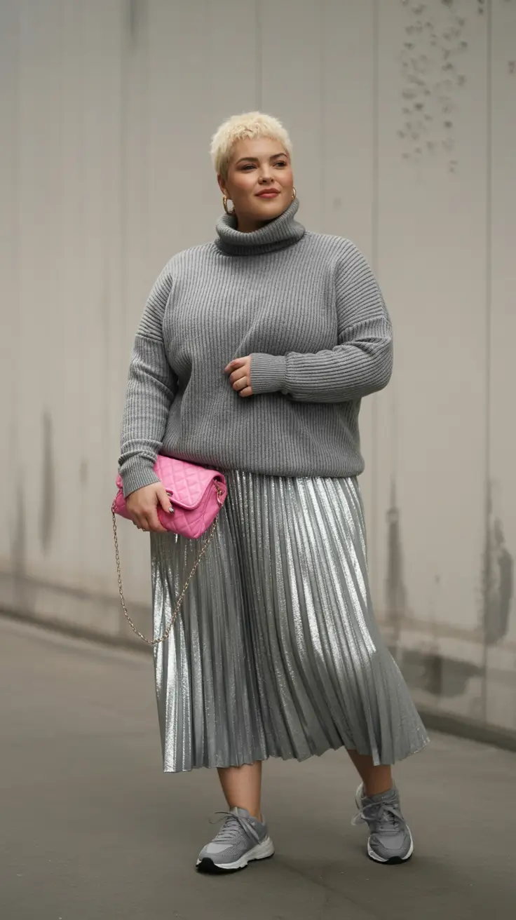 Trendy Women’s Fall Fashion Looks to Try in 2025+Metallic Skirt + Chunky Knit: Street Sparkle Meets Cozy Comfort