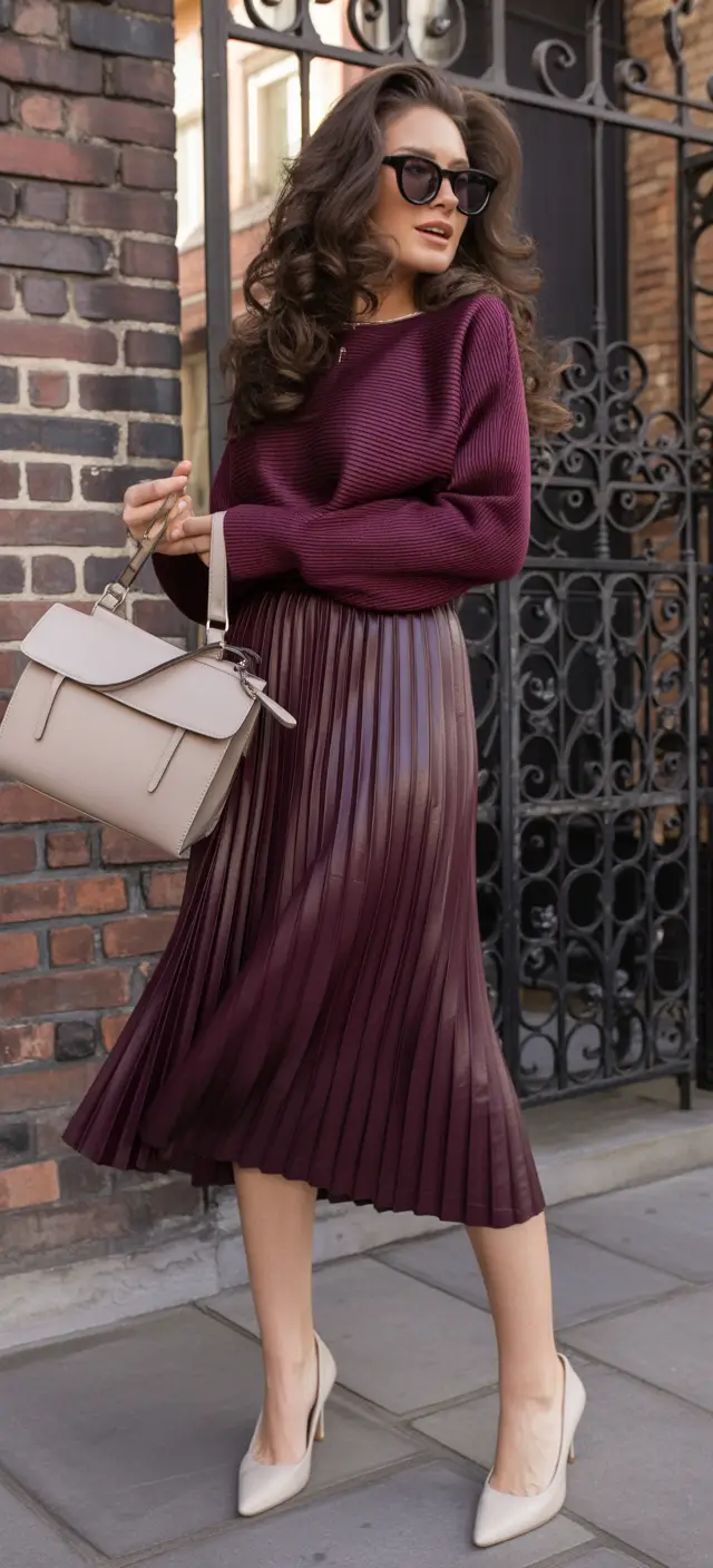 Trendy Women’s Fall Fashion Looks to Try in 2025+Plum Perfection in Pleats and Knits