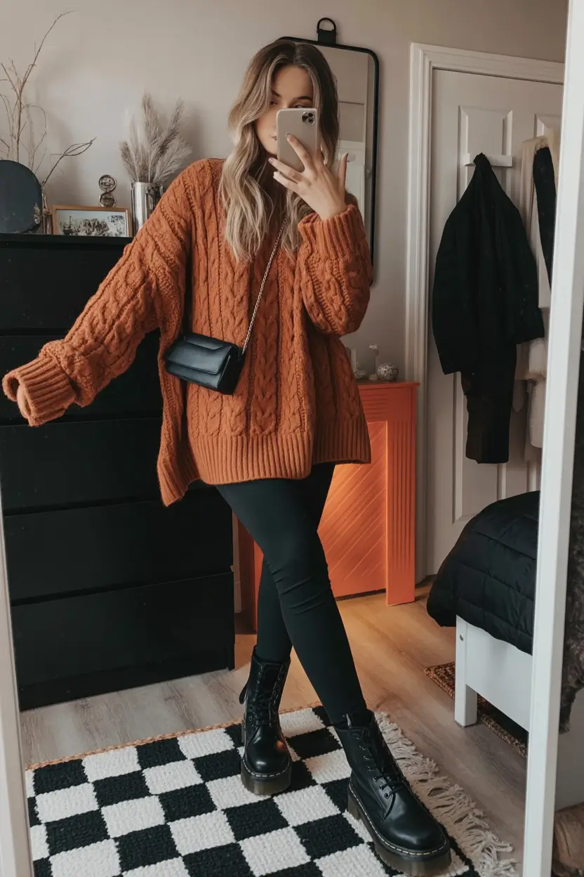 cozy fall outfits Burnt Orange Knit & Grunge Boots