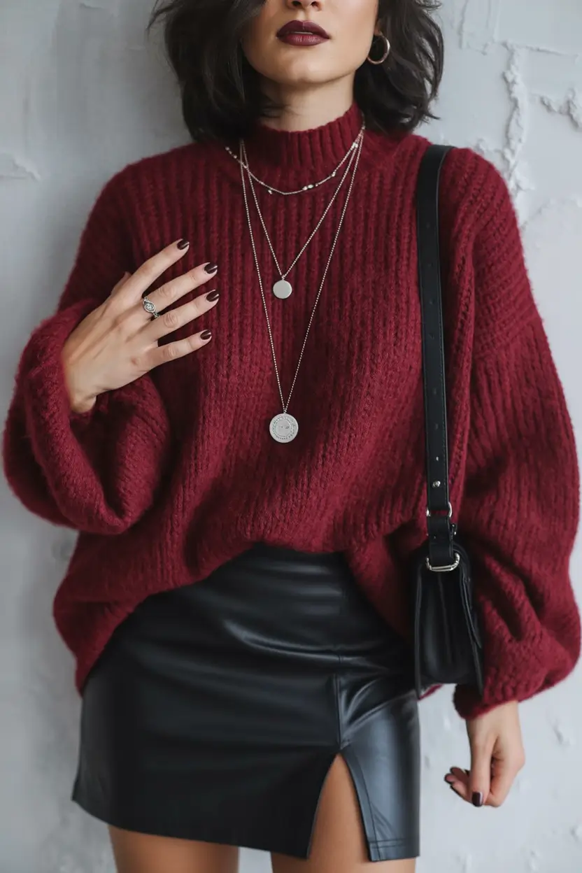 cozy fall outfits Burgundy Knits & Leather Minis