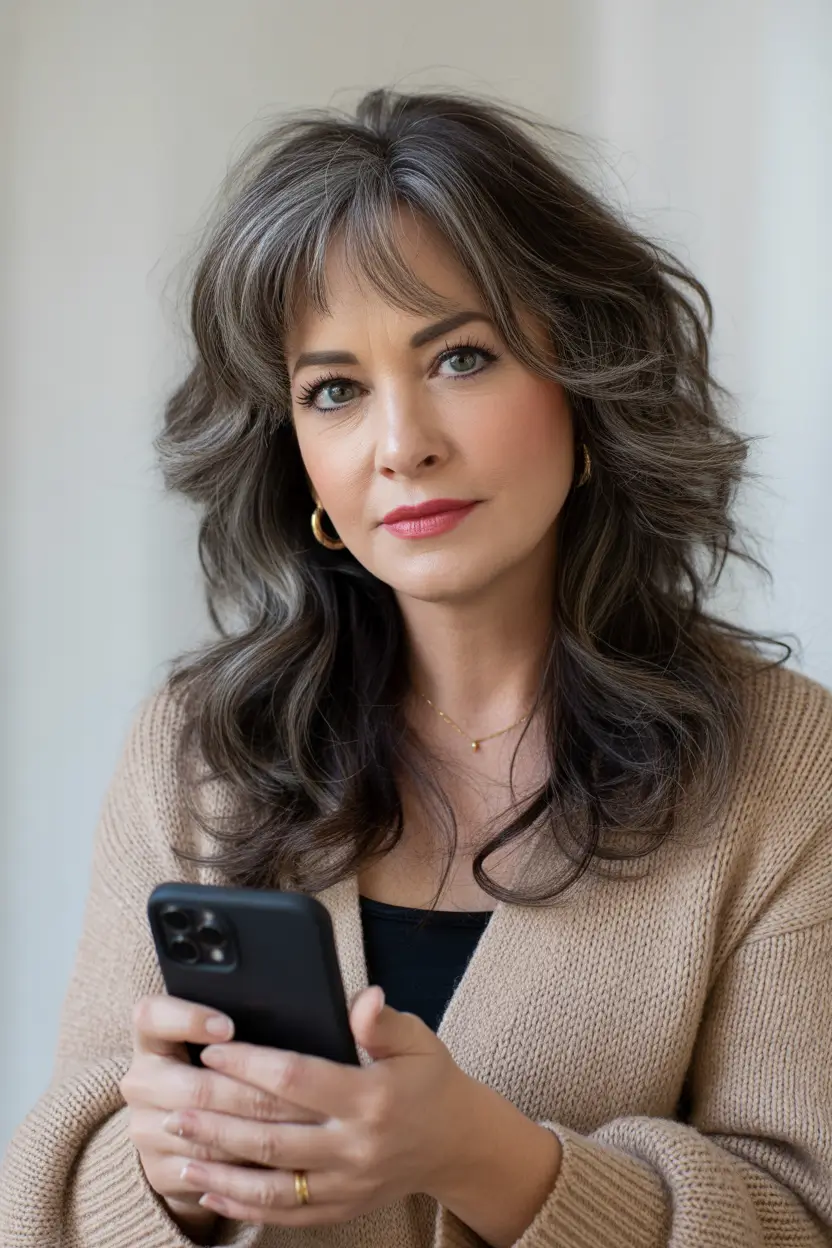 Fall haircuts for women over 40 Soft Layers with Voluminous Curtain Bangs