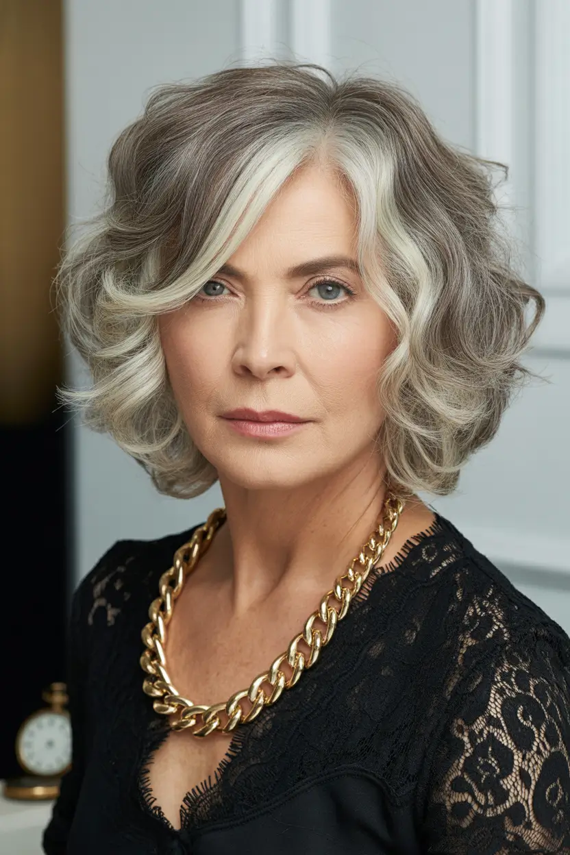 Fall haircuts for women over 40 Retro-Inspired Curly Bob with Bold Highlights