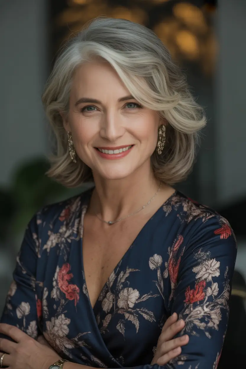 Fall haircuts for women over 40 Side-Swept Silver Layers with Soft Volume