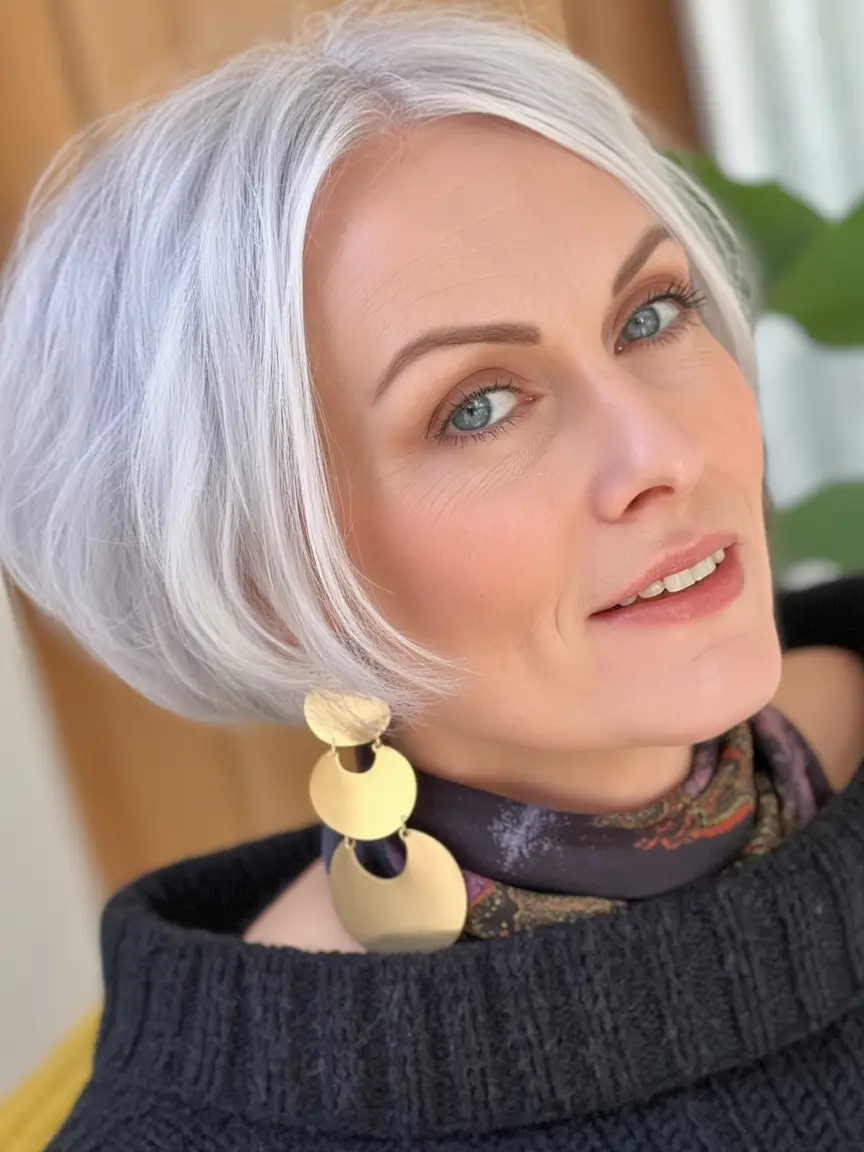 Fall haircuts for women over 40 Rounded French Bob in Silver Blonde