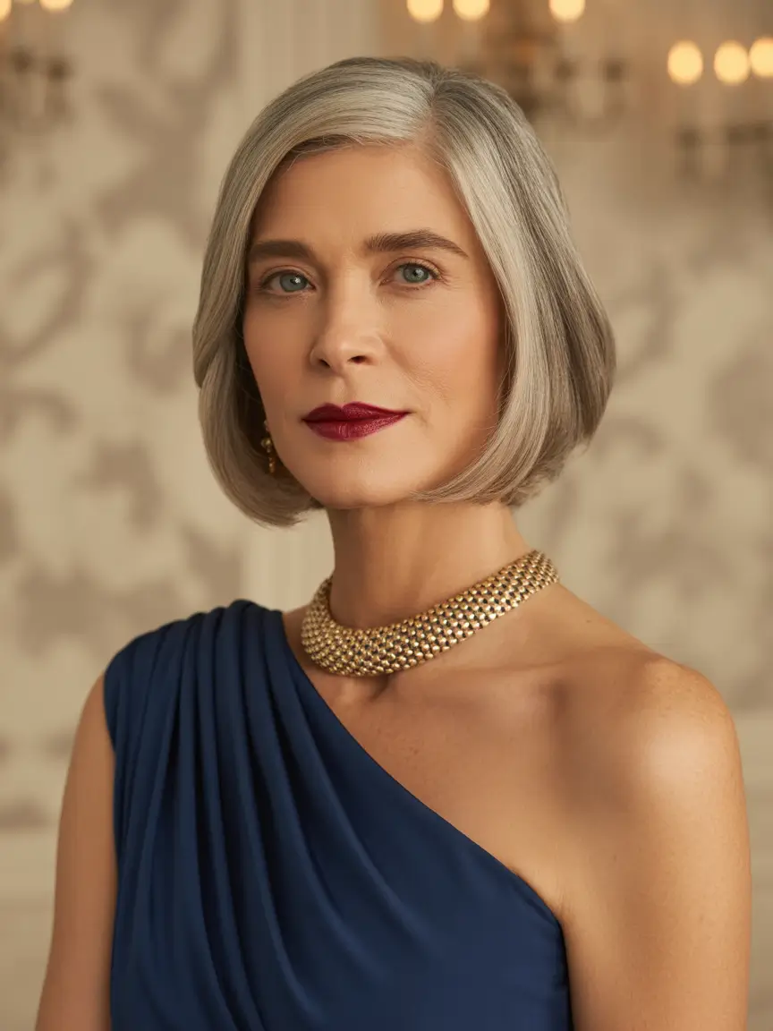 Fall haircuts for women over 40 Glossy Blunt Bob with Side Parting