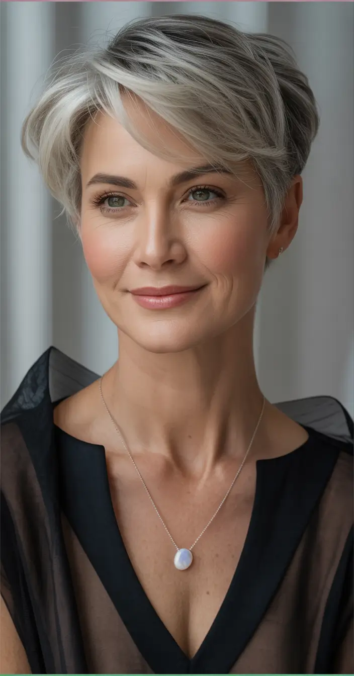 Fall haircuts for women over 40 Textured Long Pixie with Side Volume