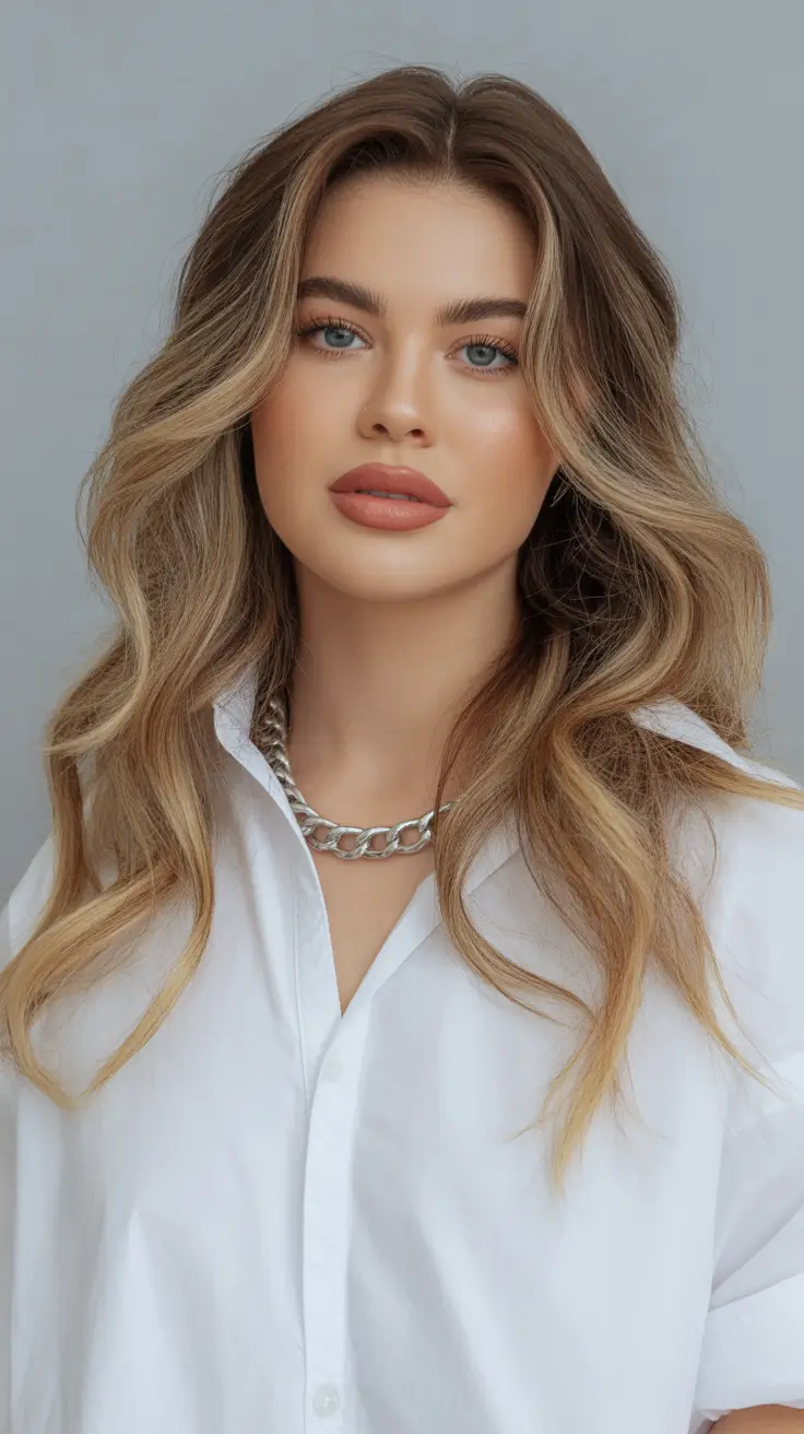 Fall haircuts for women over 40 Layered Long Blonde Waves with Dark Roots