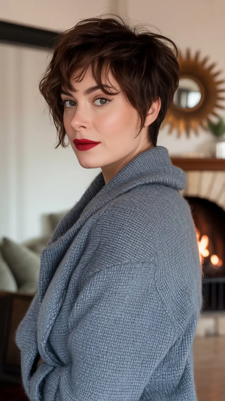 Fall haircuts for women over 40 Layered Short Shag with Piecey Bangs