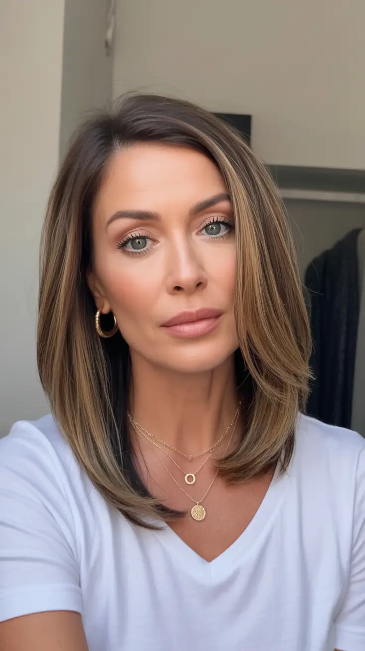 Fall haircuts for women over 40 Polished Lob with Warm Honey Balayage