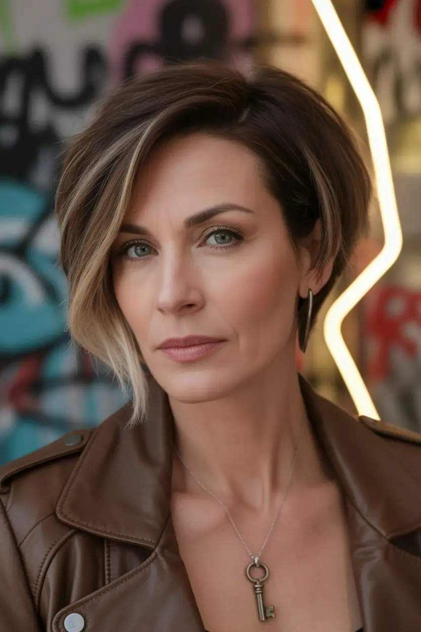 Fall haircuts for women over 40 Side-Swept Pixie with Dimensional Color