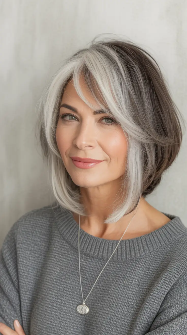 Fall haircuts for women over 40 Elegant Two-Tone Bob with Face-Framing Silver