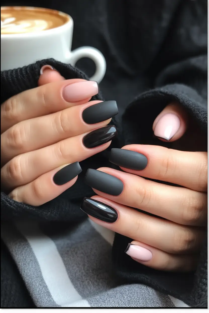minimalist fall nails Matte and Glossy Black Harmony