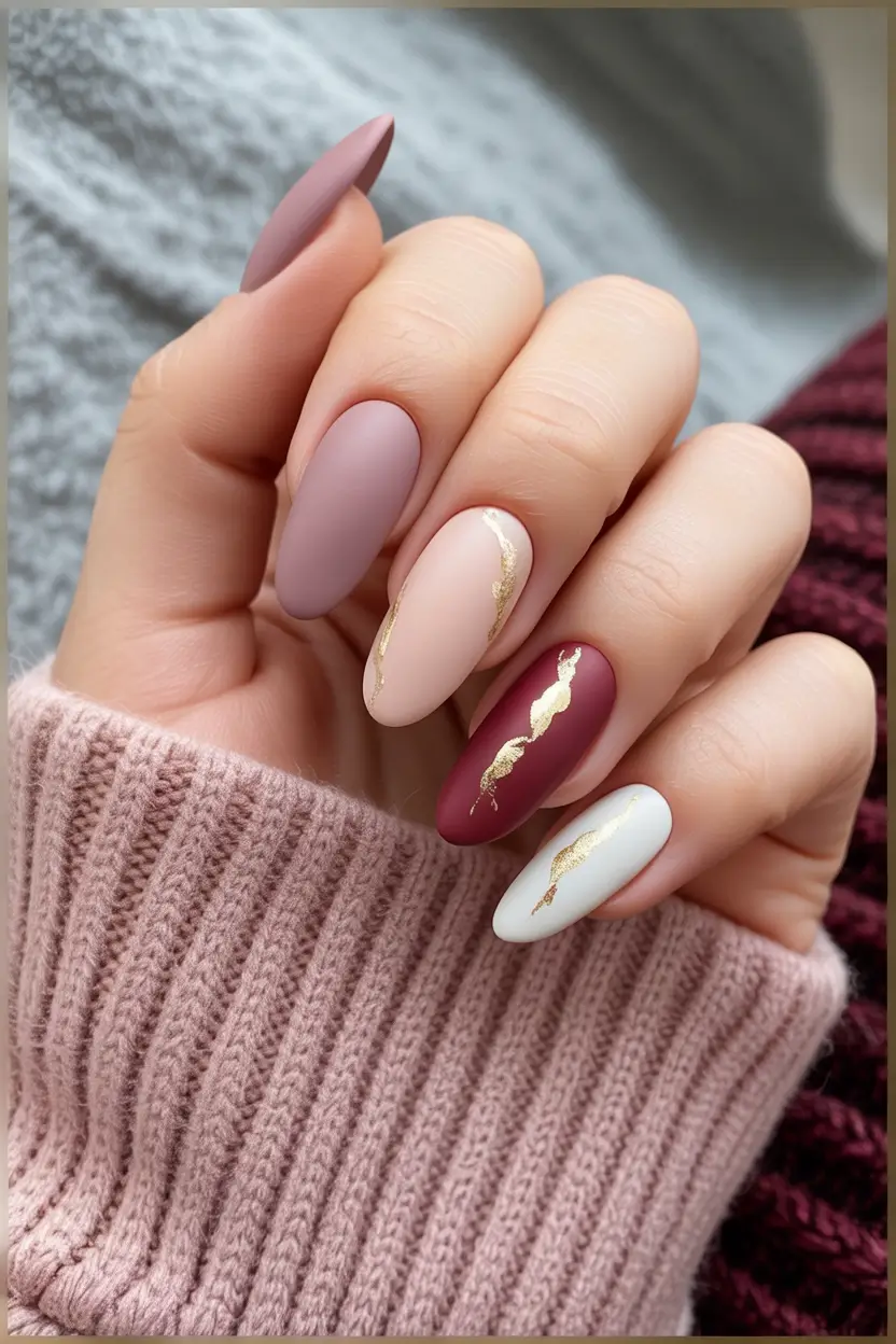 minimalist fall nails Velvet Berry with Gold Veins