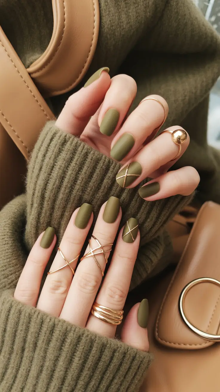 minimalist fall nails Olive Knits and Gold Crosslines