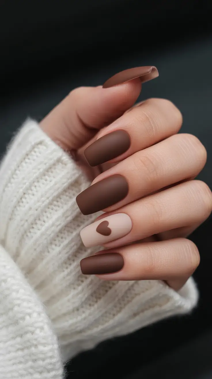 minimalist fall nails Matte Mocha Heart