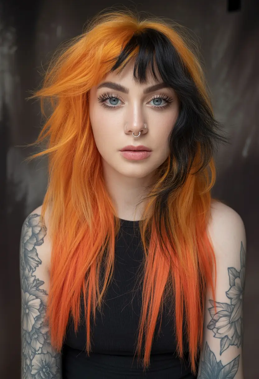 autumn fall hair colors Pumpkin Split Bang Shag