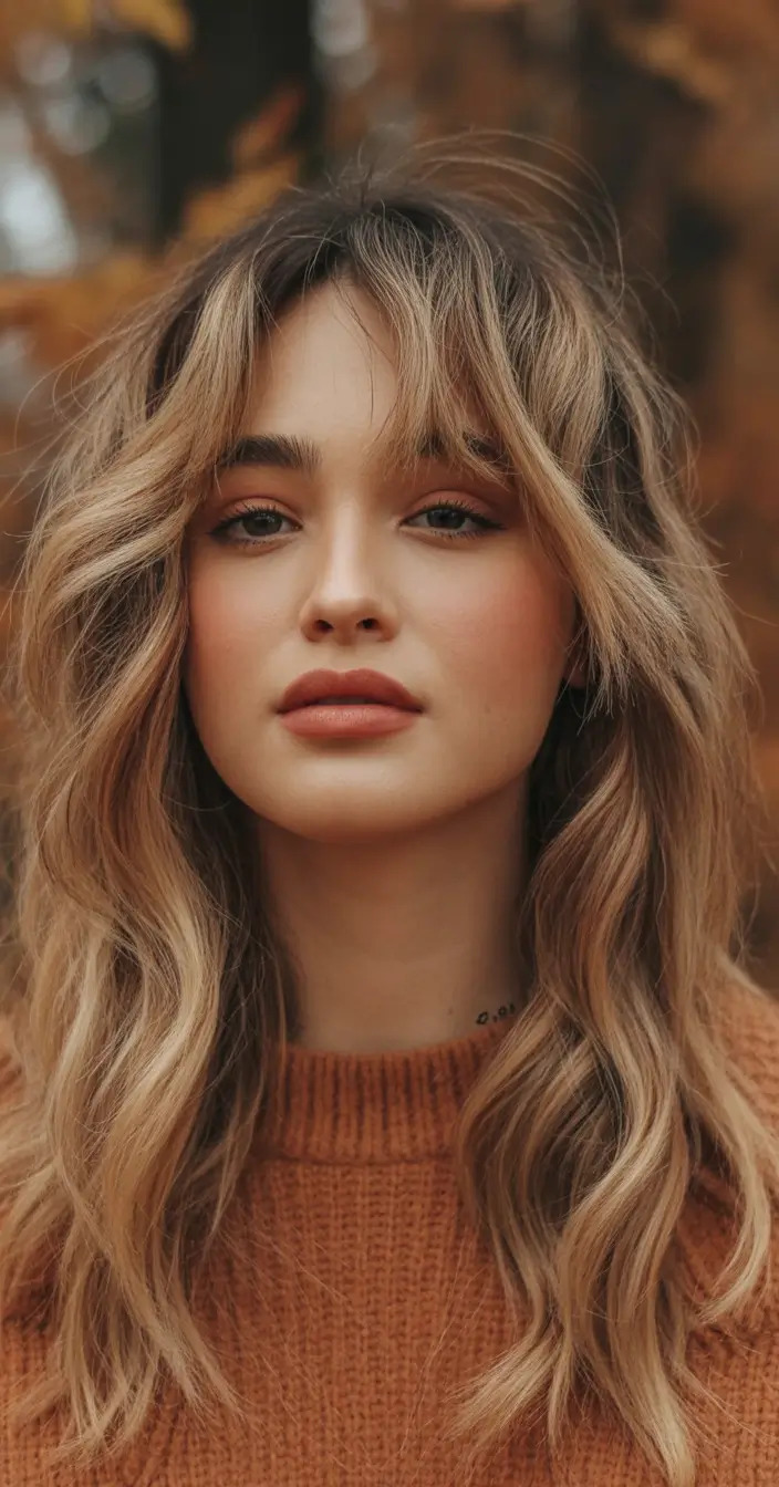 autumn fall hair colors Brunette Butter Balayage with Curtain Fringe