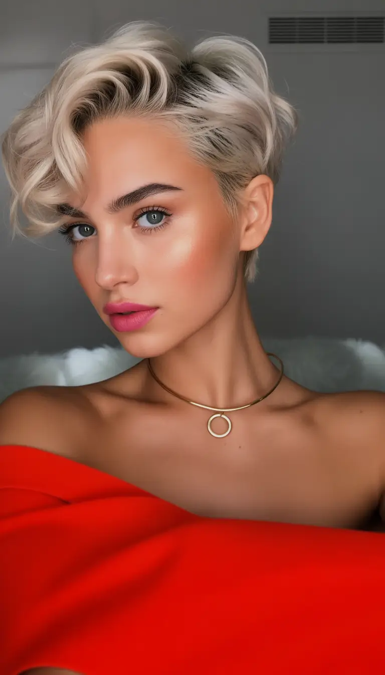 Best Fall 2025 Haircuts for Oval Face Shapes Cool-Toned Blonde Pixie Wave