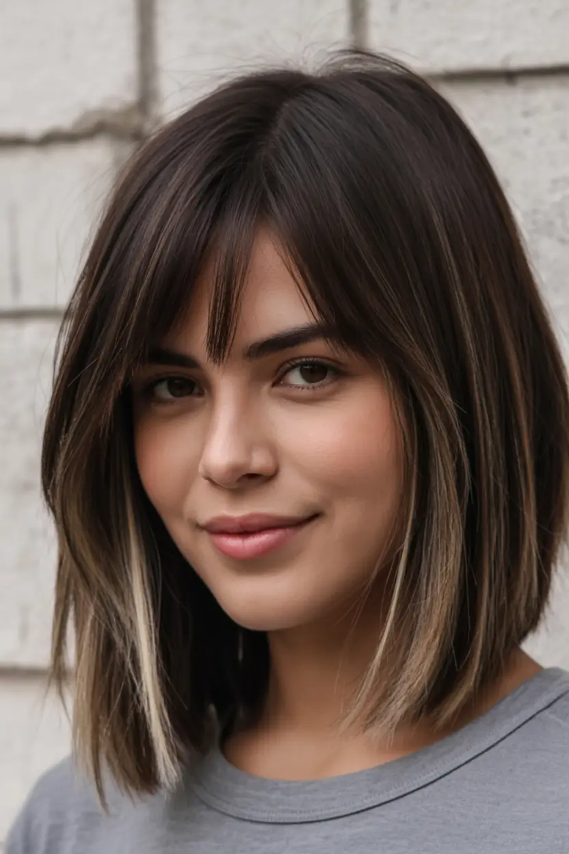 Best Fall 2025 Haircuts for Oval Face Shapes Mid-Length Gloss Bob with Baby Fringe