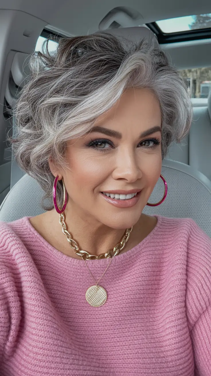 Layered short Fall haircuts for women over 50 Voluminous Silver Swirl with Tousled Charm