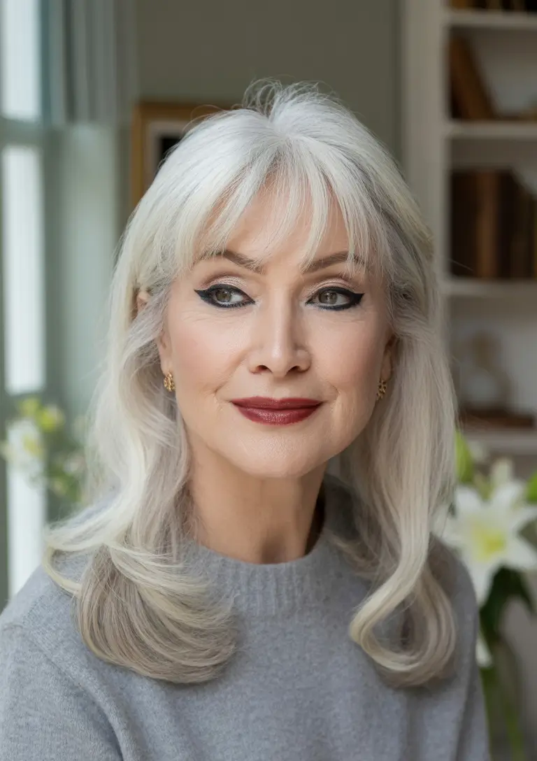 Long Fall haircuts for women over 50 Layered Silver with Wispy Bangs