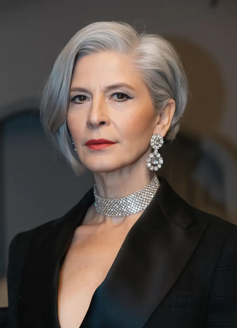 Modern short Fall haircuts for women over 50 Sleek Ice Gray Tuck-Behind Cut