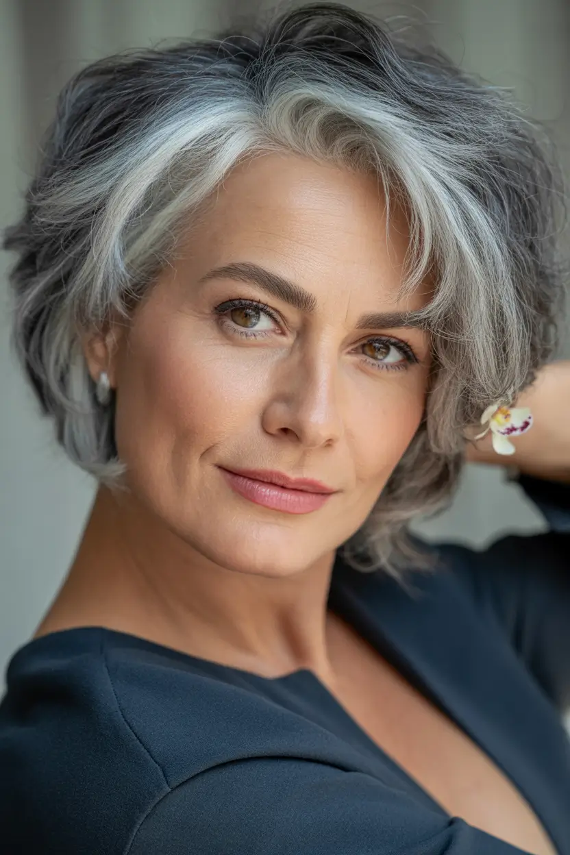 Shag Fall haircuts for women over 50 Playful Piecey Shag with Gray Contrast