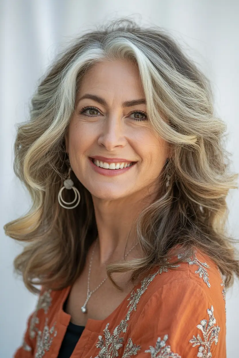 Long Fall haircuts for women over 50 Golden Layered Waves with Face Framing Highlights