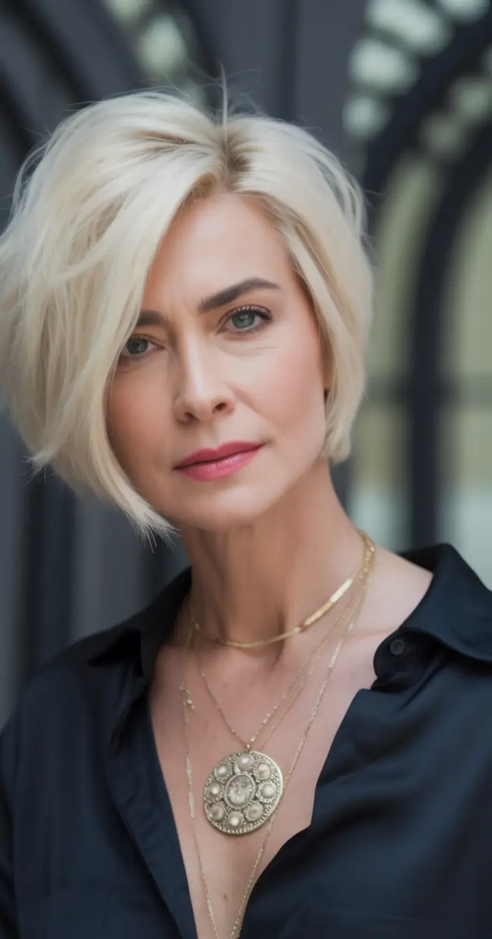 Modern short Fall haircuts for women over 50 Polished Platinum Side-Swept Bob